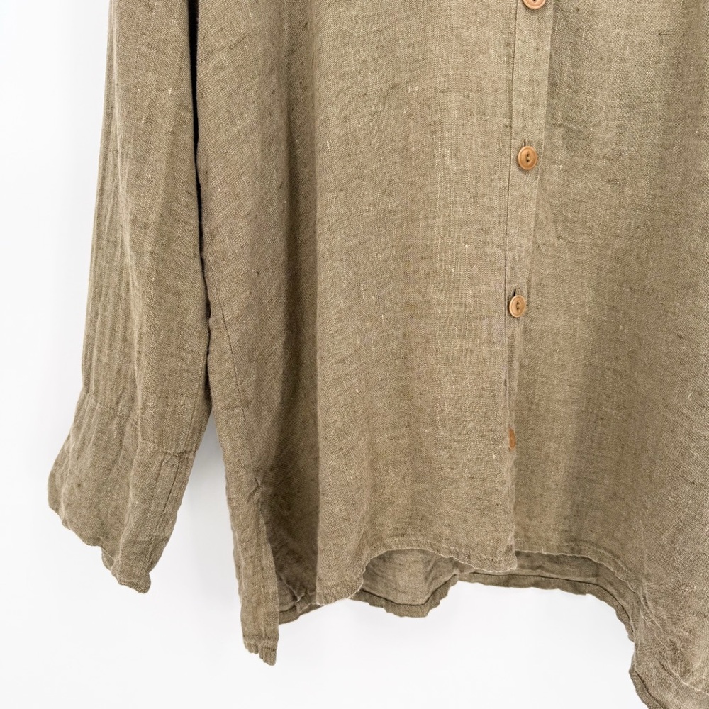 Flax 100% Linen Lagenlook Button Front Long Sleeve Top Olive Green Medium - Picture 3 of 8